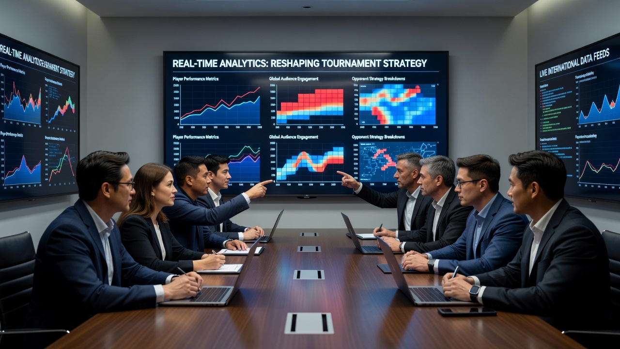 Internationale toernooispelers bespreken data visualisaties op tablets tijdens een strategie sessie met real-time feeds op de achtergrond