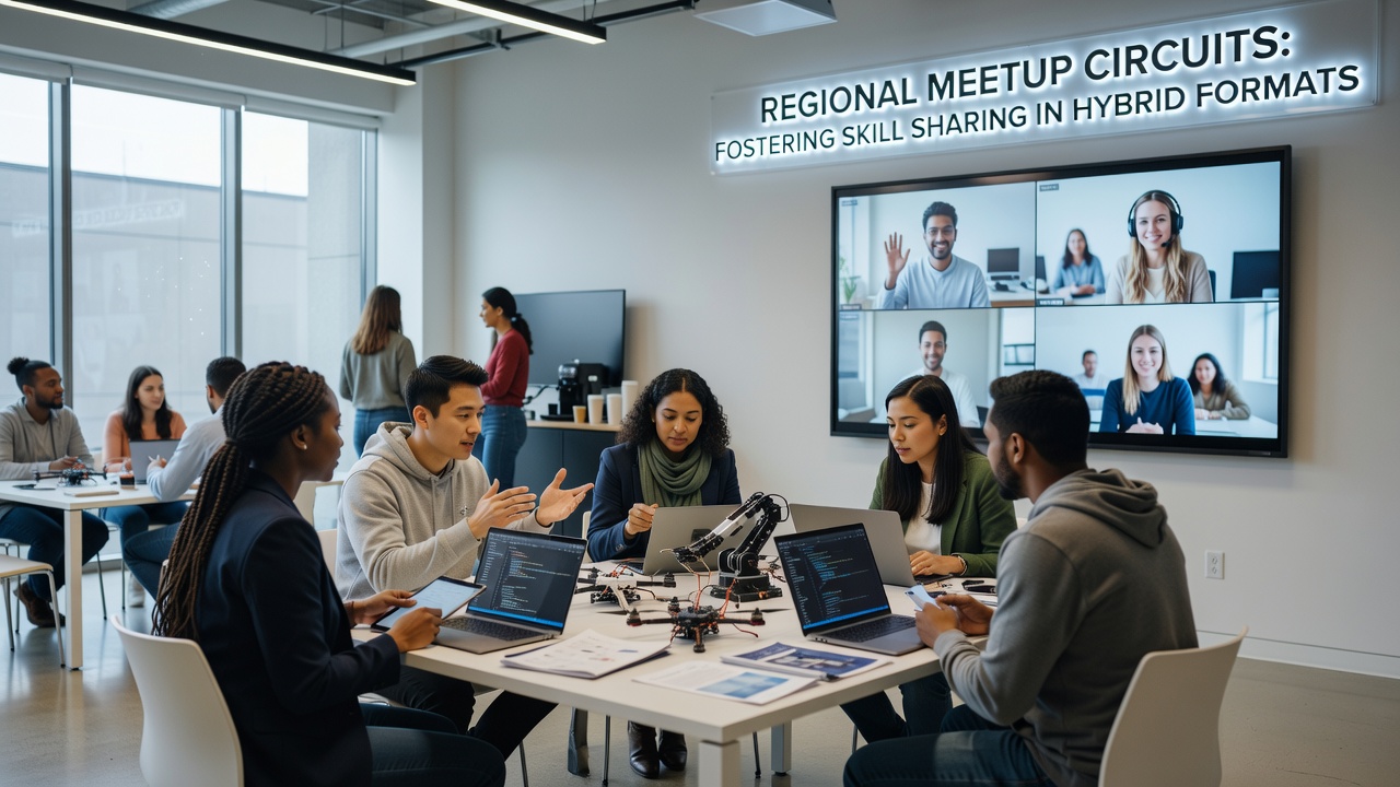 Hybride deelnemers die samen strategieën bespreken tijdens een regionale meetup